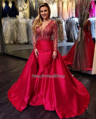 Overskirt Long-Sleeves Red Luxury Open-Back Beading Mermaid V-Neck Evening Gowns_1