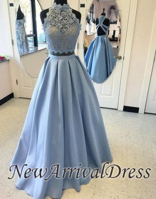 High Neck Two Piece Blue Custom Made A-line Lace Prom Dresses  LPL071_3