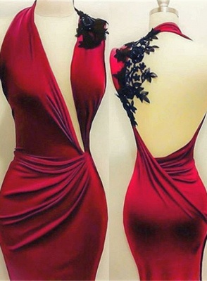 Red Black Lace Appliques Sheath Sleeveless Prom Dresses  BA7869_1