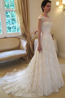 A-Line Short Sleeve Court Train Wedding Dress New Arrival Bowknot Custom Made Bridal Gown_1