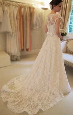 A-Line Short Sleeve Court Train Wedding Dress New Arrival Bowknot Custom Made Bridal Gown_2
