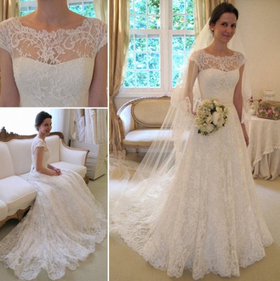 A-Line Short Sleeve Court Train Wedding Dress New Arrival Bowknot Custom Made Bridal Gown_3