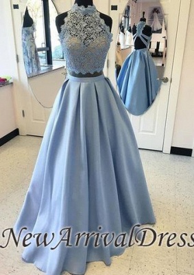 High Neck Two Piece Blue Custom Made A-line Lace Prom Dresses  LPL071_1