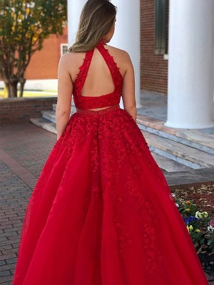 Delicate High Neck Red Tow Piece Evening Dress | A-line Evening Gown_3