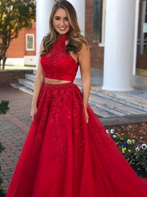 Delicate High Neck Red Tow Piece Evening Dress | A-line Evening Gown_1