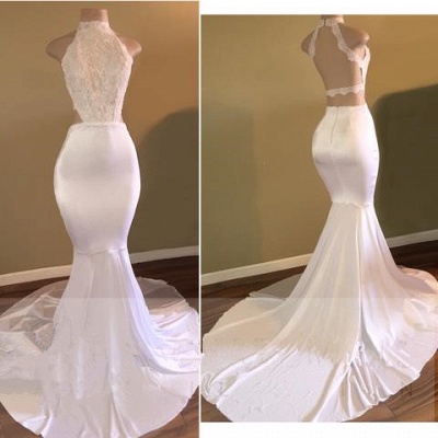 New Arrival High Neck Sleeveless Evening Gowns | White Mermaid Prom Dresses_4