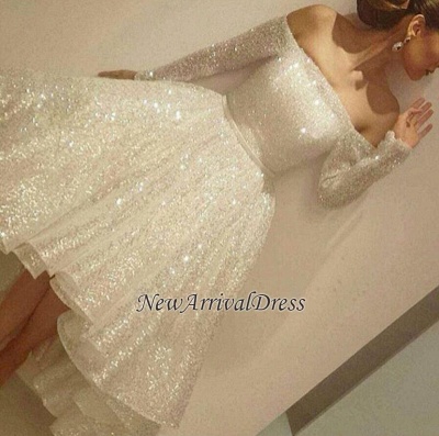 Bling Short Tiers-Skirt Long-Sleeves Off-the-Shoulder Prom Dresses_1