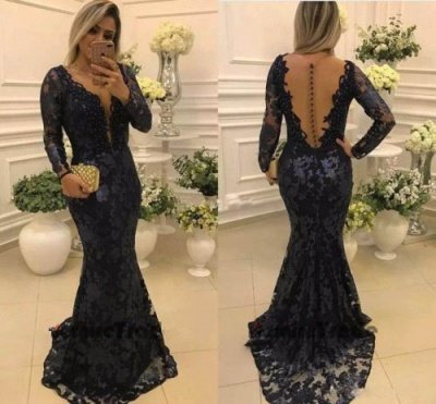 Modern Long Sleeve Mermaid V-neck Lace Zipper Mother Of Bride Dress_3