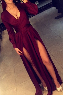 Side-Slits Prom Burgundy Long Sexy Dress Long Sleeves Party Dresses LY099_2