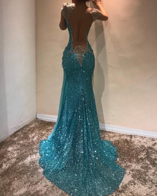 Sexy Mermaid Blue Evening Dresses | Slit Capped Sleeves Sequins Pageant Dresses_3