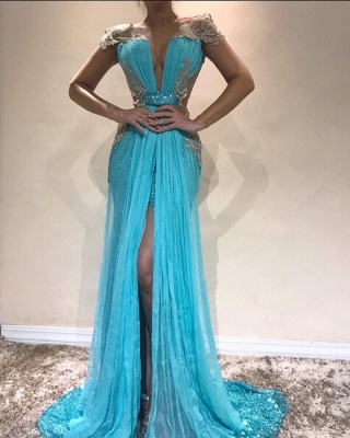 Sirena sexy vestidos de noche azules | Slit Capped mangas lentejuelas Vestidos del concurso_1