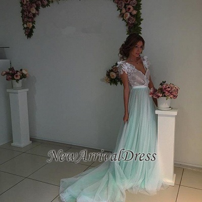 Fairy V-Neck Floral Appliques Capped-Sleeves Long Evening Gowns_3