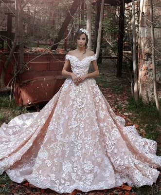 Sexy Pink Off The Shoulder Wedding Dresses |  Lace Appliques Chapel Train Bridal Dresses_1