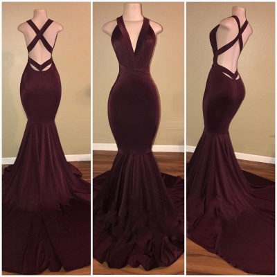 Mermaid Sleeveless Burgundy Prom Dresses  | Sexy V-neck Open Back Evening Gowns_3