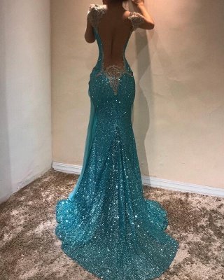 Sexy Mermaid Blue Abendkleider | Slit Capped Sleeves Pailletten Festzug Kleider_3