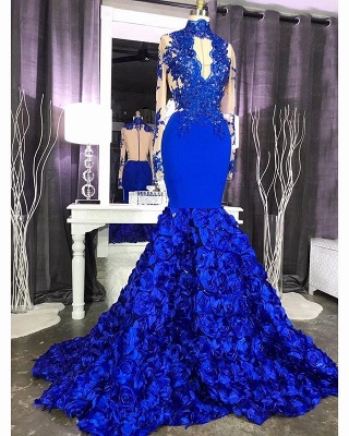 Manches longues en dentelle Appliques Robe de bal pas cher en ligne 2021 | Sirène royale bleu robe de bal à fleurs avec trou de la serrure_3