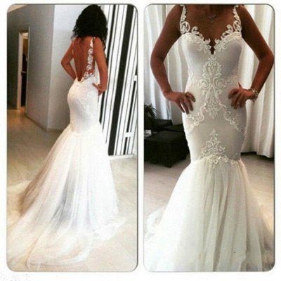 Sleeveless Mermaid Tulle Sexy Appliques Sexy Open Back Wedding Dresses  Online_3