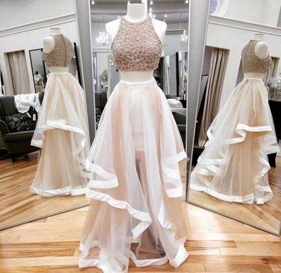 Two Pieces Prom Dresses Crystal Beading Tiers Train Long Sexy Evening Gowns_2