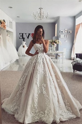 Flowers Strapless Appliques Ball Gown Wedding Dresses | Sexy Sleeveless Bridal Gowns Online with Sweep Train_1
