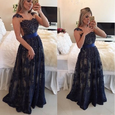 Dark Navy Blue Beaded Long Prom DressesLace Floor Length A-line Evening Gowns_2