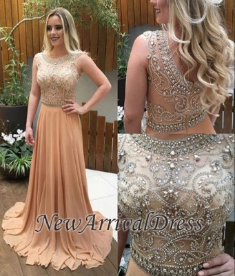 Luxury Champagne A-line Crystals-Beaded Chiffon Long Prom Dresses_1