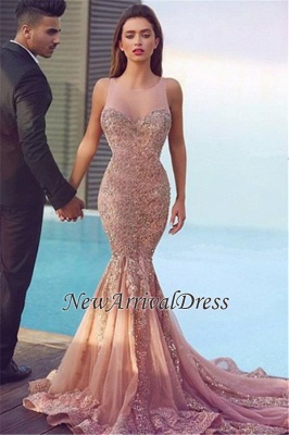 Sheer Sequins Jewel Sleeveless Mermaid Pink Sparkling Gorgeous Evening Dress_2