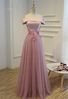 Elegant Off The Shoulder Custom Made A-line Lace-up Lace Appliques Prom Dresses_1