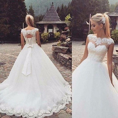 Cap Sleeve Lace-Up Bowknot Back Ball Gown Wedding Dresses_3