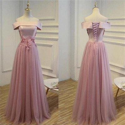 Elegant Off The Shoulder Custom Made A-line Lace-up Lace Appliques Prom Dresses_3