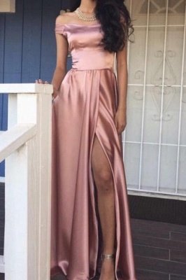 Off-the-Shoulder A-line Rose Front-Slit Pink Shiny Prom Dresses_2