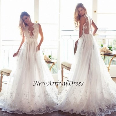 A-Line Sleeveless Gorgeous Princess Lace Custom Made V-Neck Wedding Dresses_1