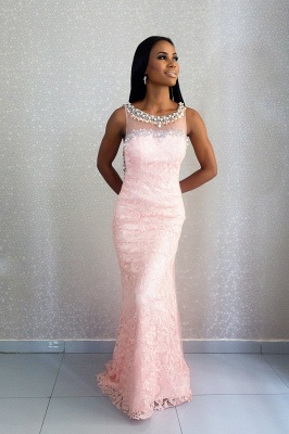 Modest Crystals Lace Mermaid Sleeveless Sweep Train Pink Prom Dress_1