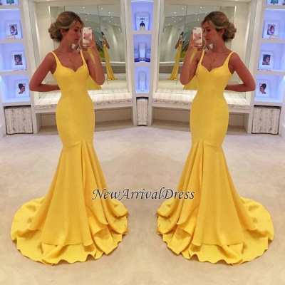 Tiered Mermaid Yellow Spaghetti-Straps Simple Prom Dress_1