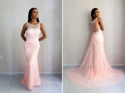 Modest Crystals Lace Mermaid Sleeveless Sweep Train Pink Prom Dress_3