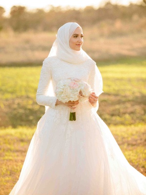 Layers-Tulle Long Sleeve Applique Muslim High Neck Wedding Dresses_5