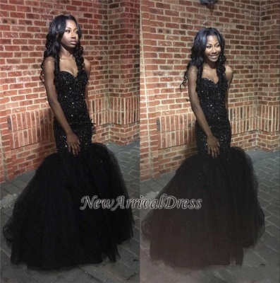 Sweetheart Black Mermaid Tulle Puffy Sequins Amazing Beaded Prom Dress_1