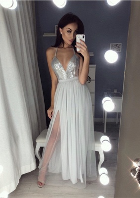 Elegant V-Neck Halter Prom Dress |Sequins Chiffon Evening Dress_1