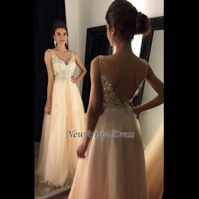 Champagne Beaded Long Open-Back Lace V-Neck A-line Prom Dresses BA4046_1