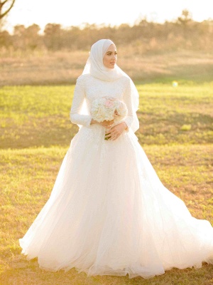 Layers-Tulle Long Sleeve Applique Muslim High Neck Wedding Dresses_2