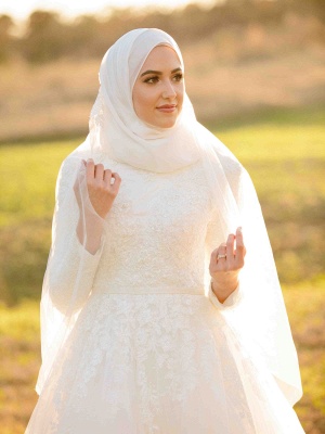 Layers-Tulle Long Sleeve Applique Muslim High Neck Wedding Dresses_6