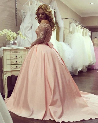 Gold-Lace Bowknot Off-the-Shoulder Ball-Gown Long-Sleeves Prom Dresses_3