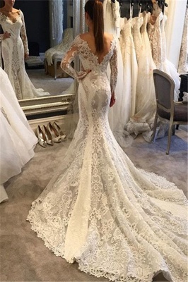 Vintage Lace Sexy Open Back Mermaid Wedding Dresses with Sleeves with Court Train_2