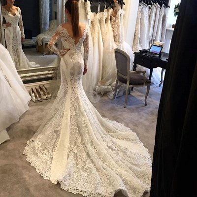 Vintage Lace Sexy Open Back Mermaid Wedding Dresses with Sleeves with Court Train_3