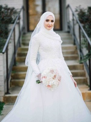 Layers-Tulle Long Sleeve Applique Muslim High Neck Wedding Dresses_3