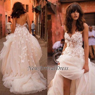 Flowers Tulle Glamorous V-Neck Sleeveless Wedding Dresses_1