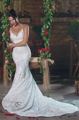 Vestidos de novia de sirena con cuello en V baratos | Vestidos de novia elegantes de encaje con espalda abierta y correas de tul_3