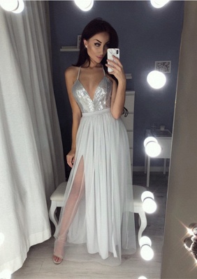 Robe de bal élégante à encolure en V | Robe de soirée en mousseline de soie à paillettes_1