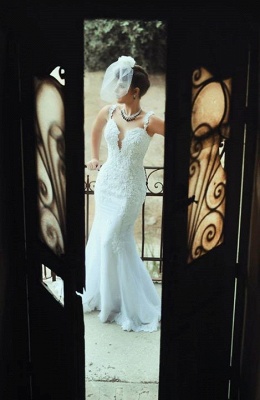 Glamorous Straps Elegant Lace Appliques Mermaid Wedding Dress  Floor Length_4