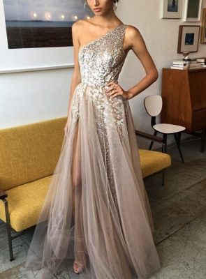 Elegant One Shoulder Tulle Prom DressSequins With Split BA7859_1