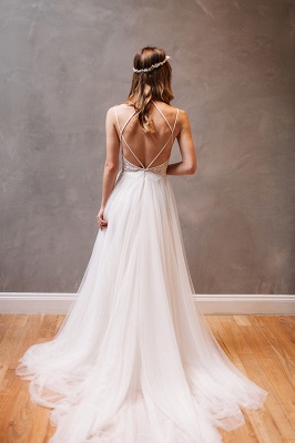 New Arrival Spaghetti Strap Summer Dresses A-Line Tulle Open Back Bridal Gowns_5